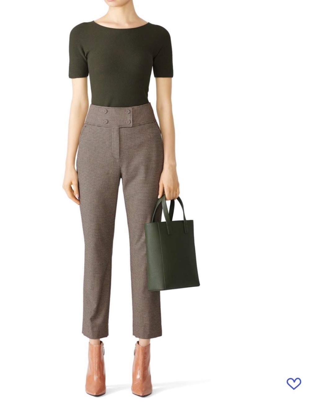 Rebecca Taylor Olive Top with Brown Houndstooth Cropped Pants